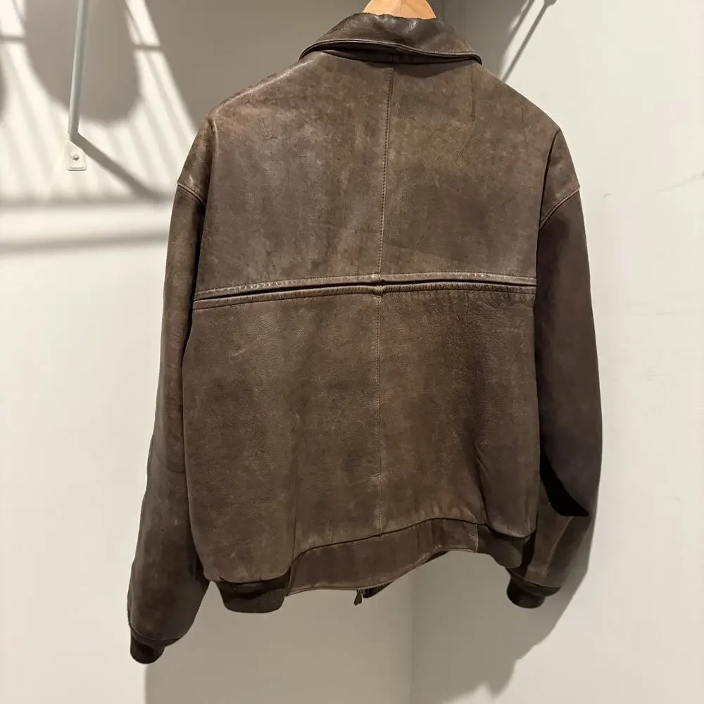 Vintage 1980s Hein Gericke Leather Bomber Flight Jacket Men's Size L Brown Map